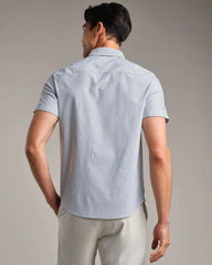 Commuter Short Sleeve Button Down -- Gray Linen Wide Stripe