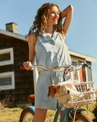 Mirage Sleeveless Notch Collar Blouse -- Blue Dawn