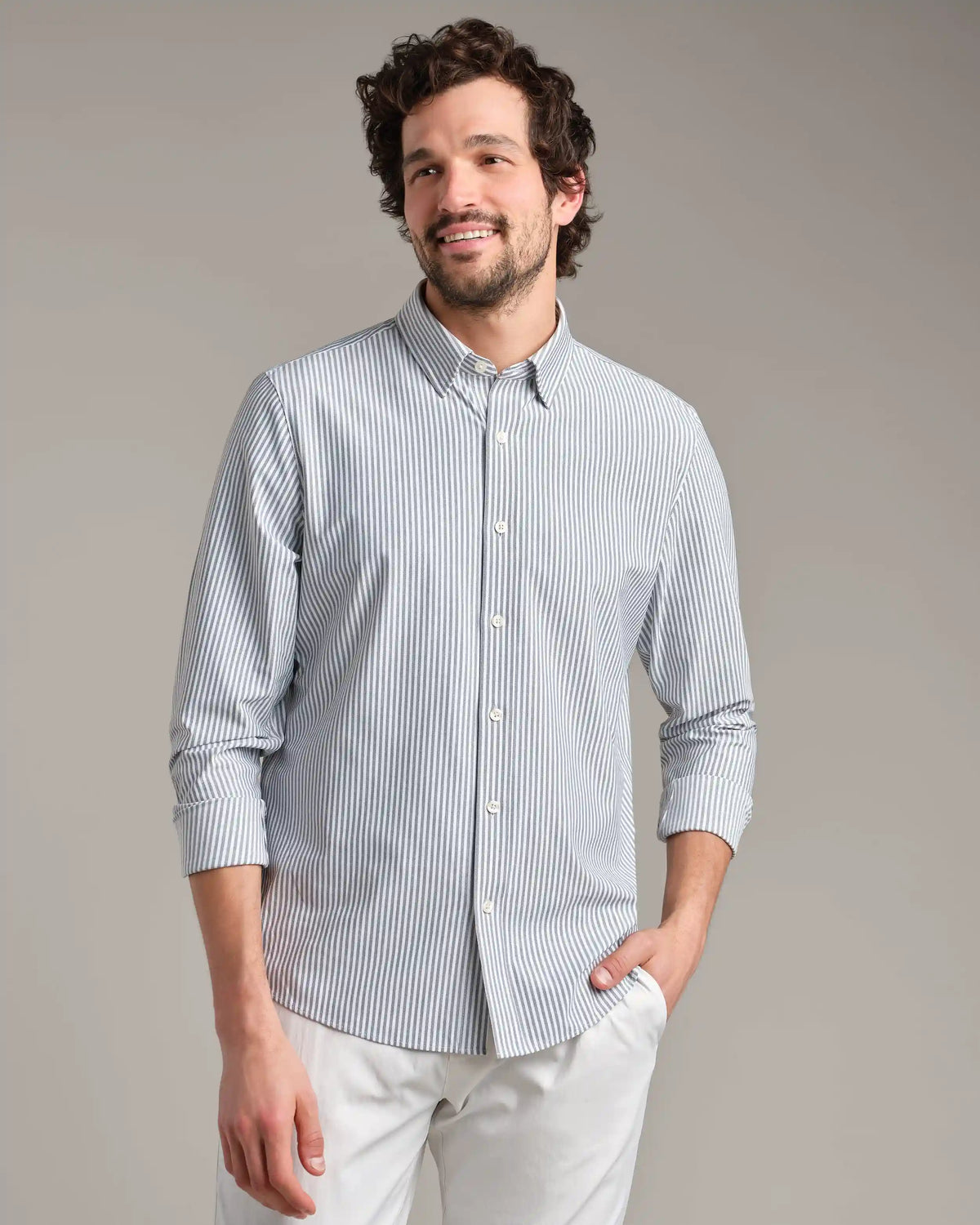 [OFFLINE] Commuter Shirt - Classic Fit -- Gray Linen Wide Stripe