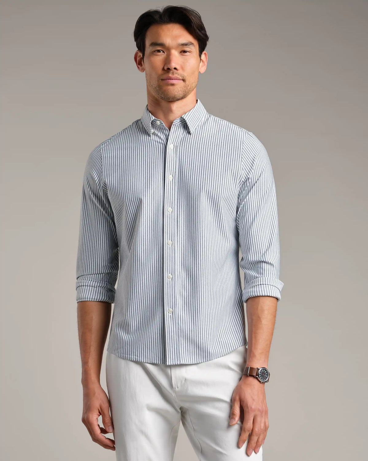 Commuter Shirt - Slim Fit -- Gray Linen Wide Stripe