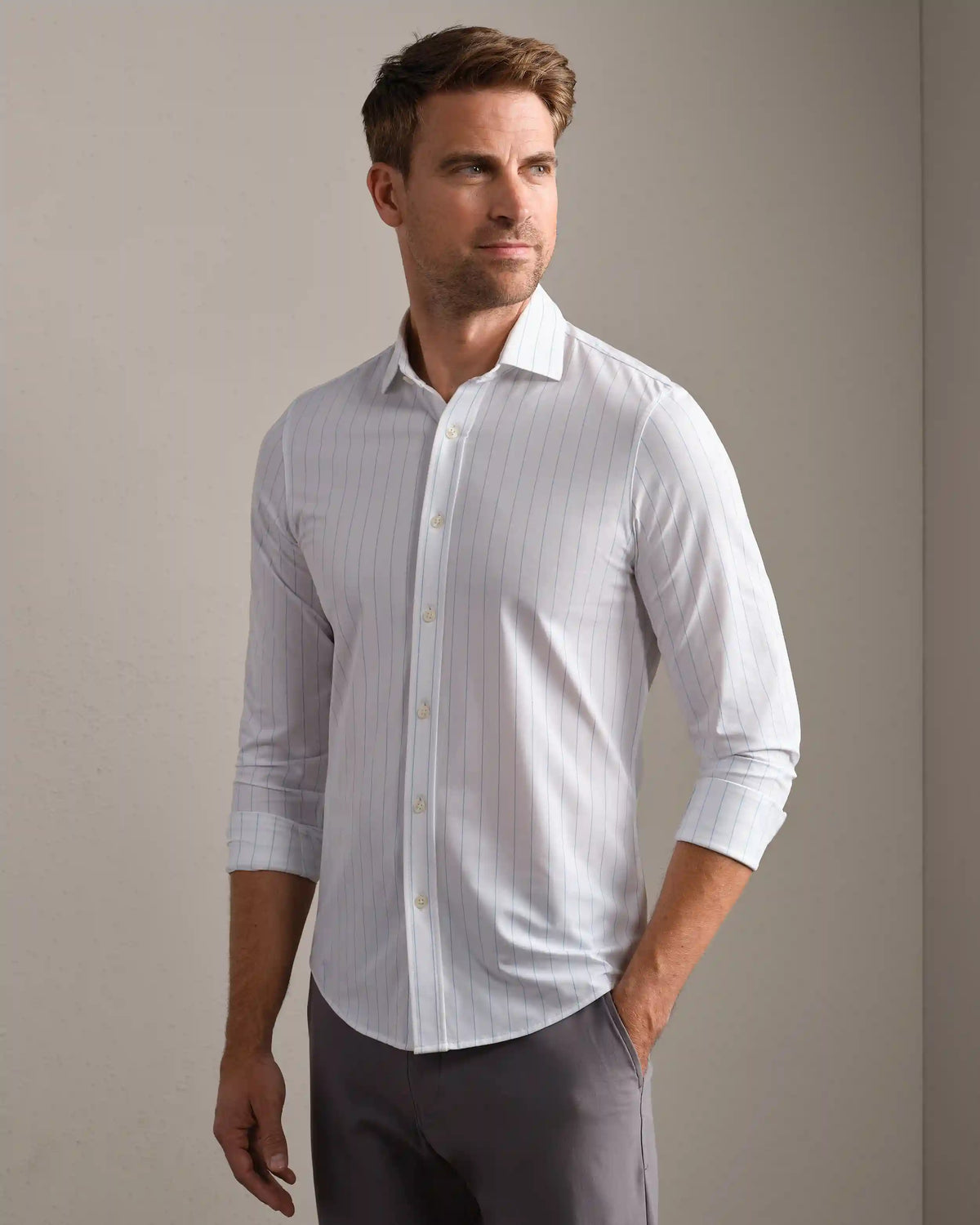 Commuter® Shirt Semi Spread Collar -- Light Blue Downtown Stripe