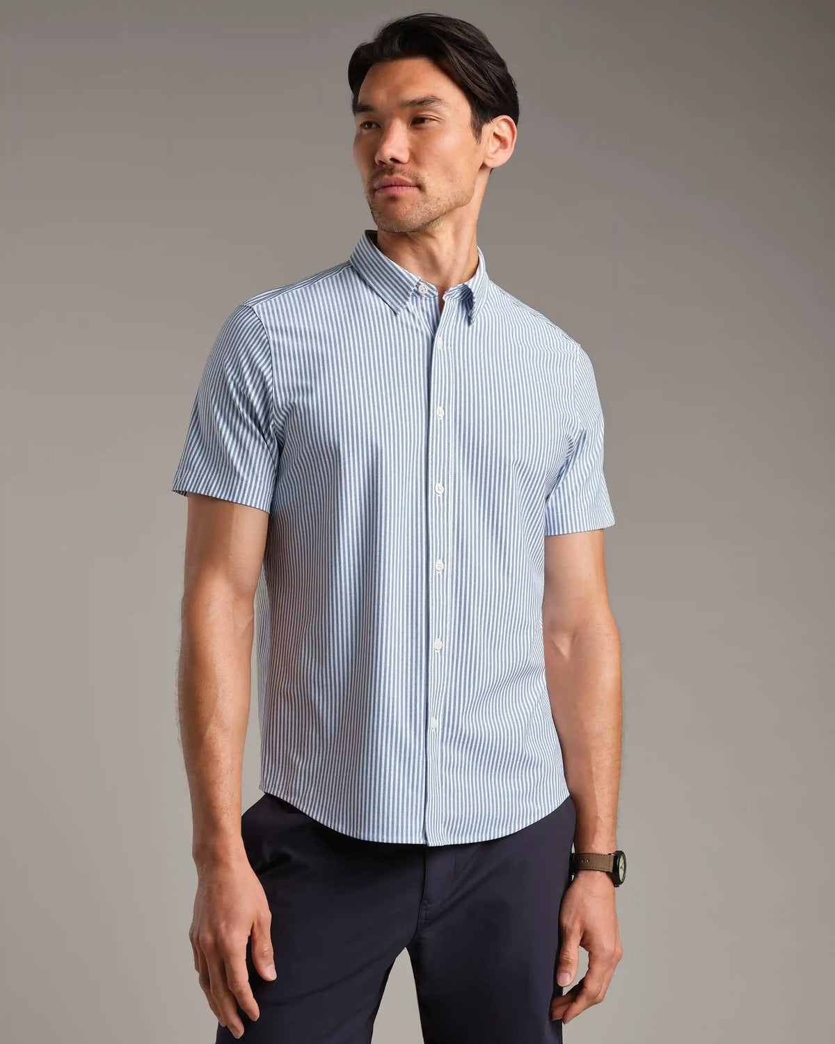 Commuter Short Sleeve Button Down -- Dark Blue Wide Stripe