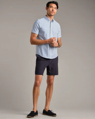 Commuter Short Sleeve Button Down -- Dark Blue Wide Stripe
