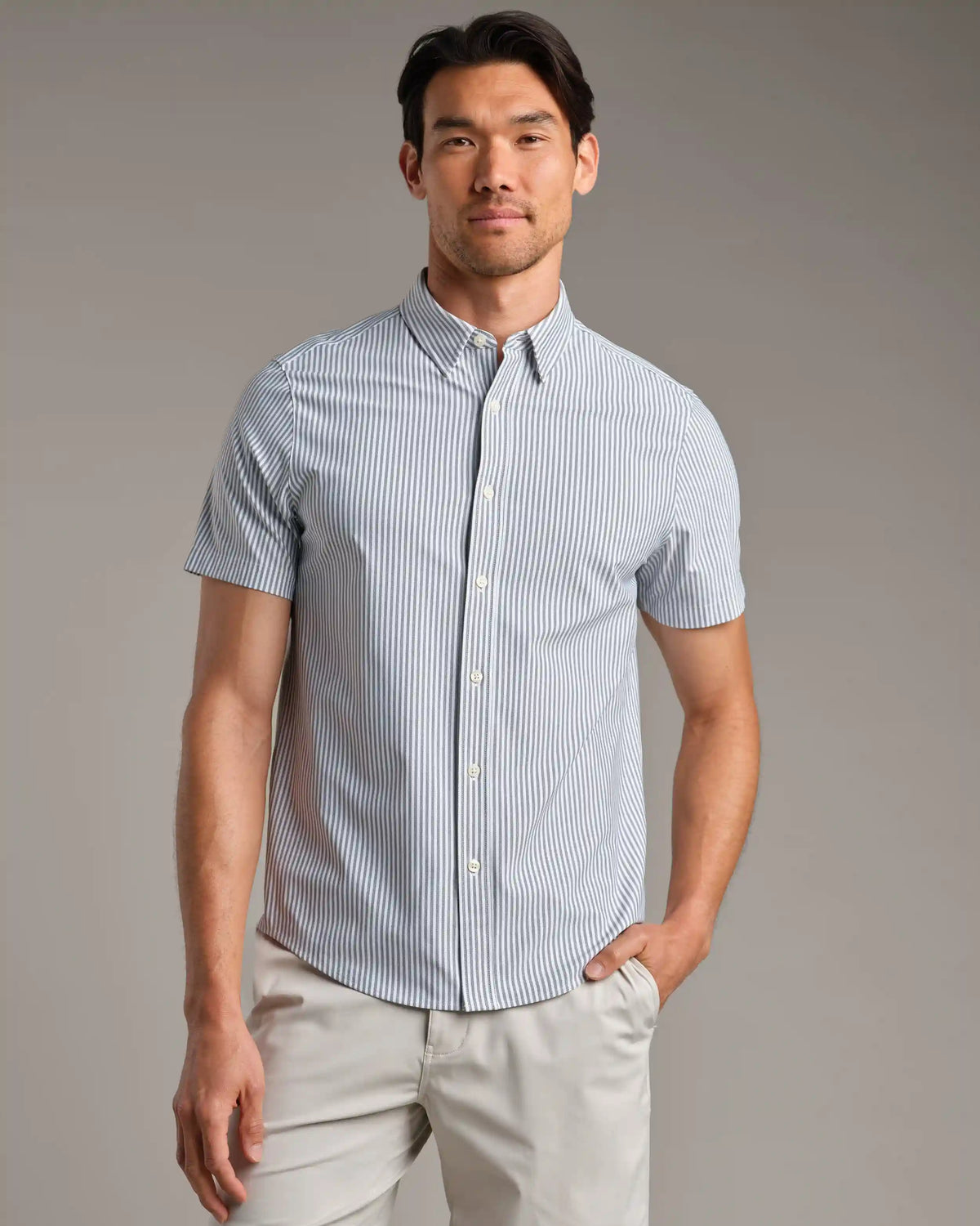 Commuter Short Sleeve Button Down -- Gray Linen Wide Stripe